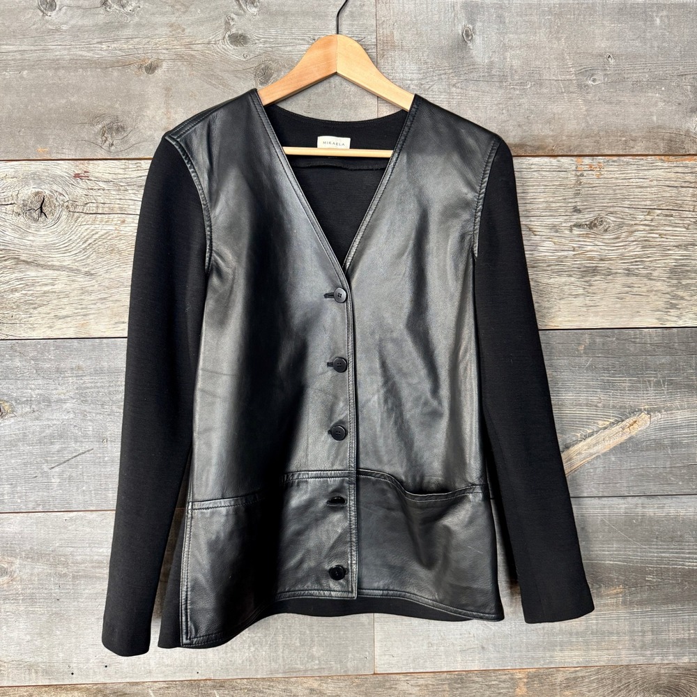 Mikaela VTG Womens Leather Knit Cardigan Sweater Jacket S Black Mixed Minimalist